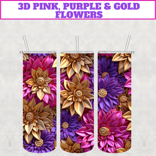 3D Pink,Purple & Gold Flowers Stainless Steel Tumbler